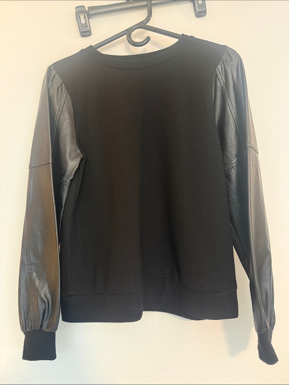 THML Black Crewneck Sweater with Faux Leather Sleeves